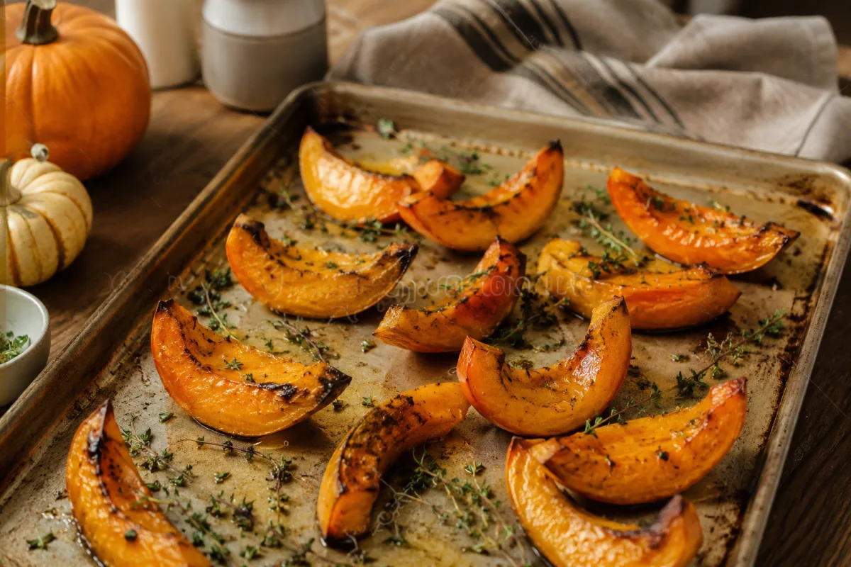 Roasted pumpkin wedges with herbs on sheet pan