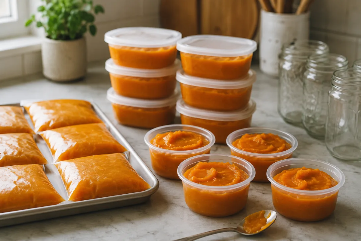 Pumpkin puree portioned for freezing