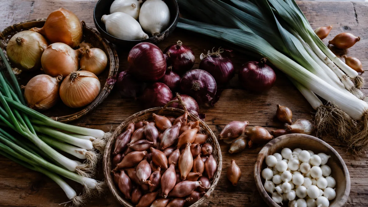 Assorted onion types arranged by color and size