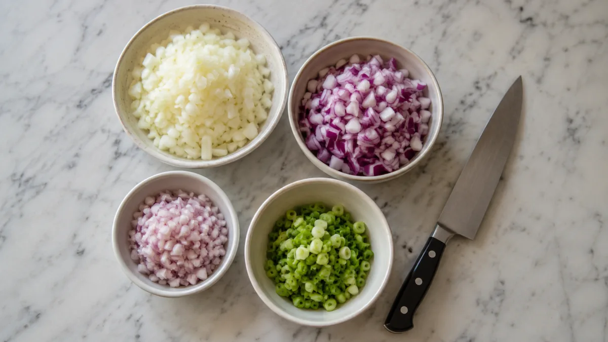 Chopped onions, shallots, and scallions prepped for cooking