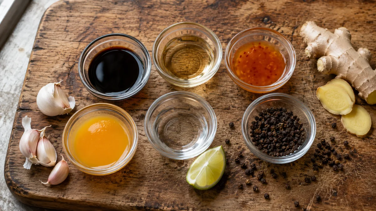Six small glass bowls containing different stir fry sauces arranged on a worn wooden board