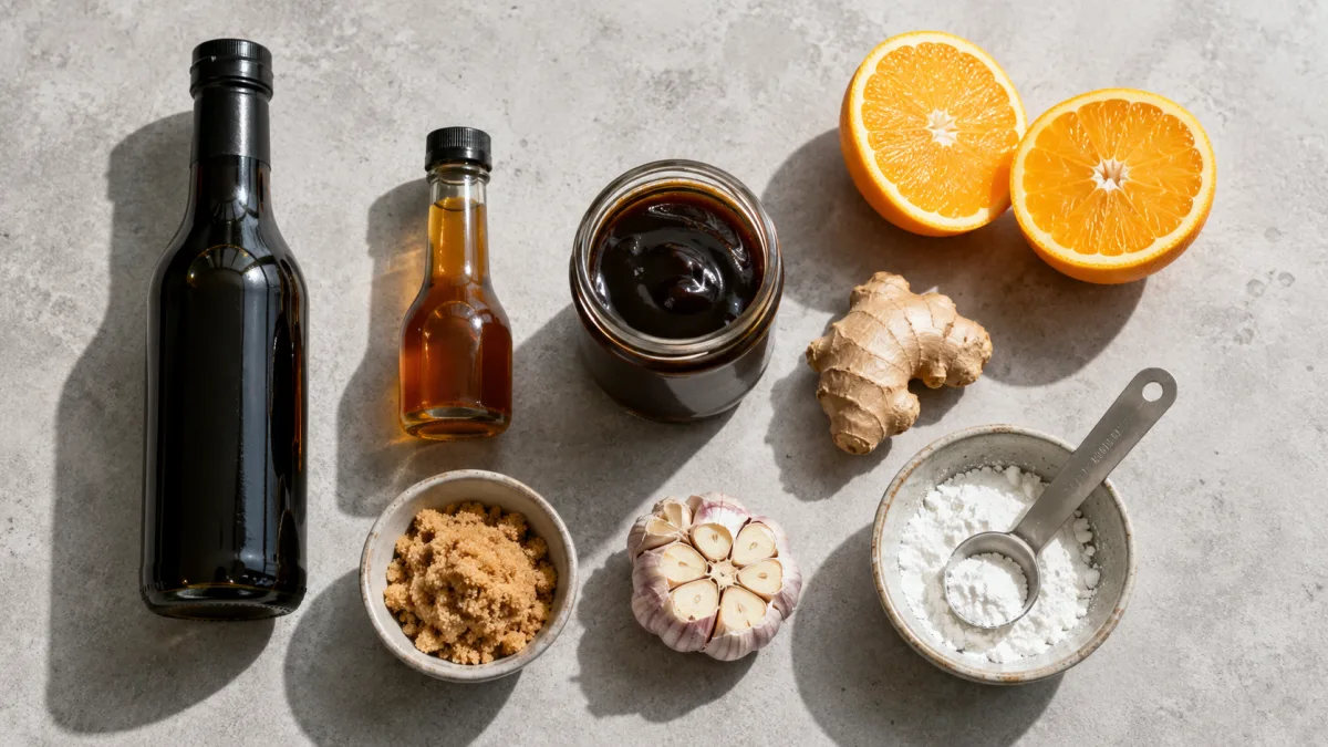 Stir fry sauce pantry ingredients flat-lay on concrete countertop — soy sauce, fish sauce, oyster sauce, ginger, garlic, cornstarch