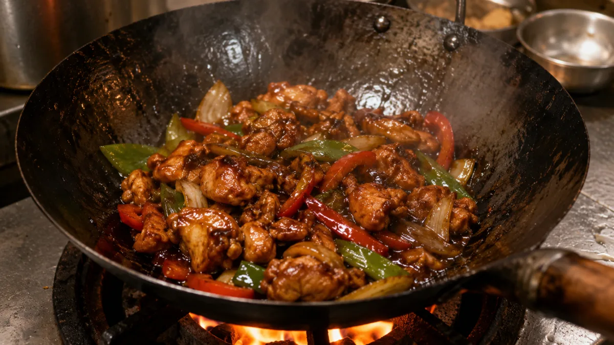 Carbon steel wok on a high gas flame with sauce thickening into a dark glossy glaze around stir fried vegetables