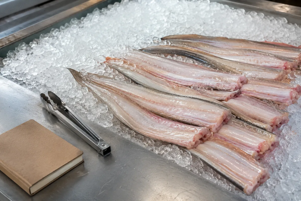 Seafood counter with eel pieces on ice and a small notebook for sourcing questions