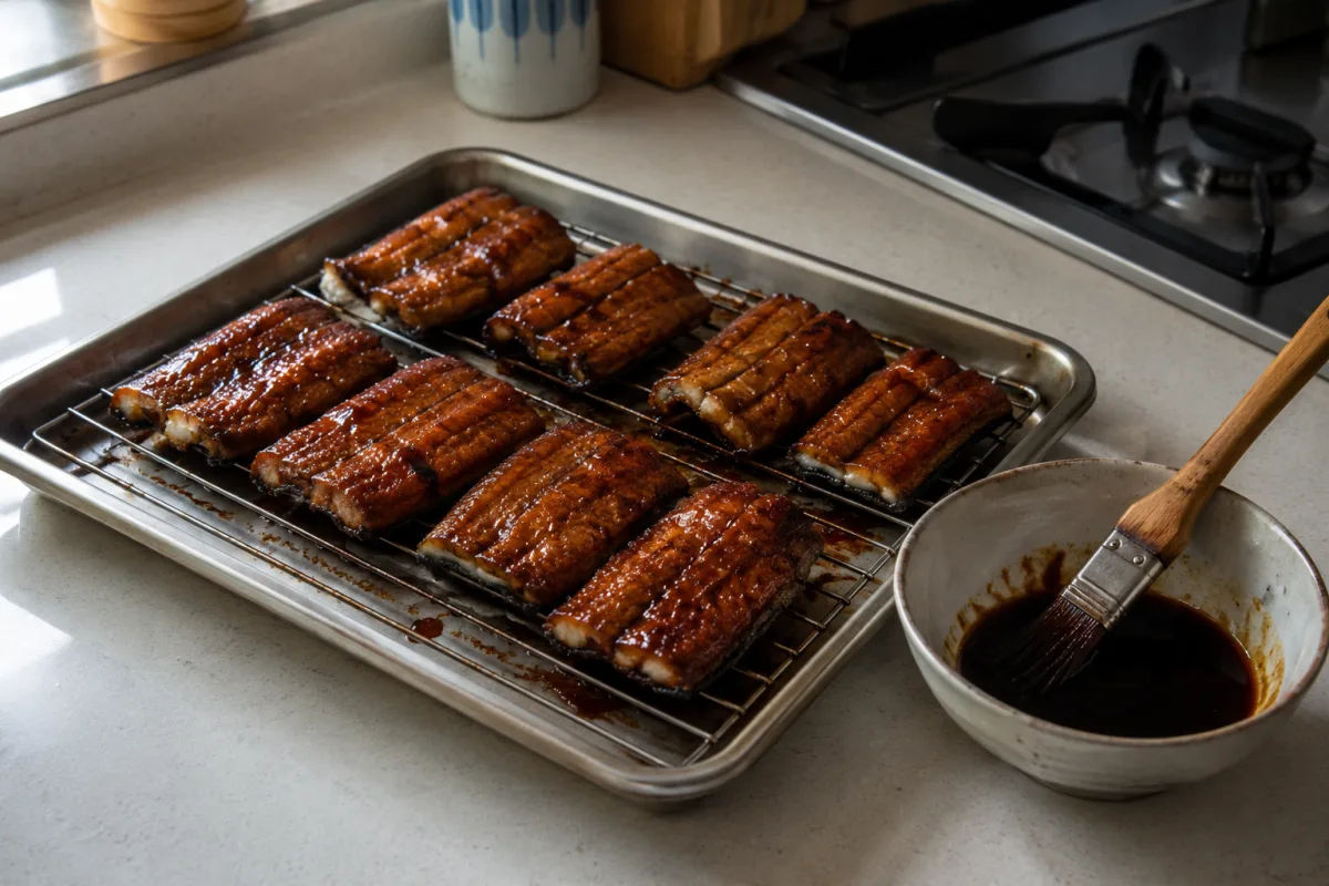 Glazed eel pieces under a broiler with sauce brush nearby