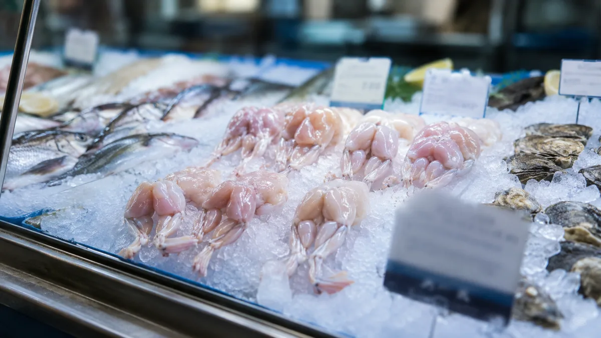 Fresh frog legs displayed on crushed ice at a fishmonger counter