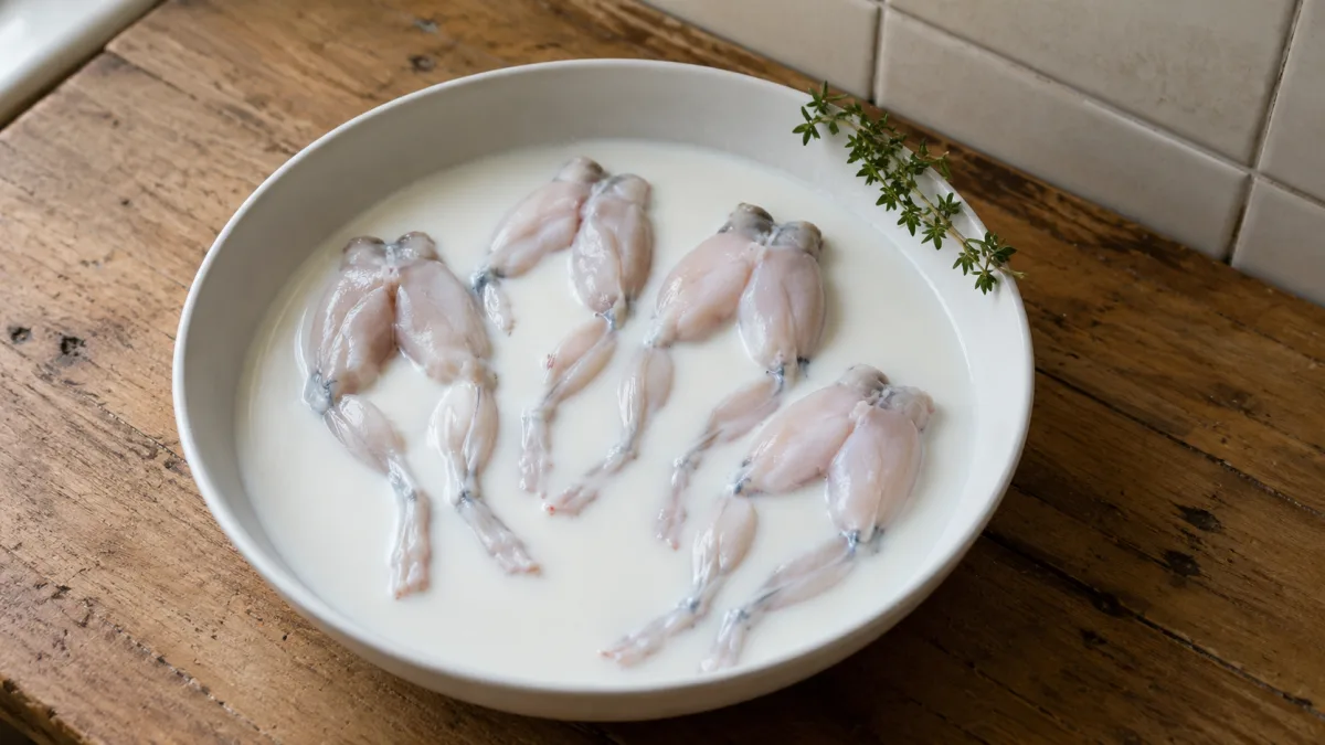 Frog legs soaking in a bowl of whole milk on a kitchen counter