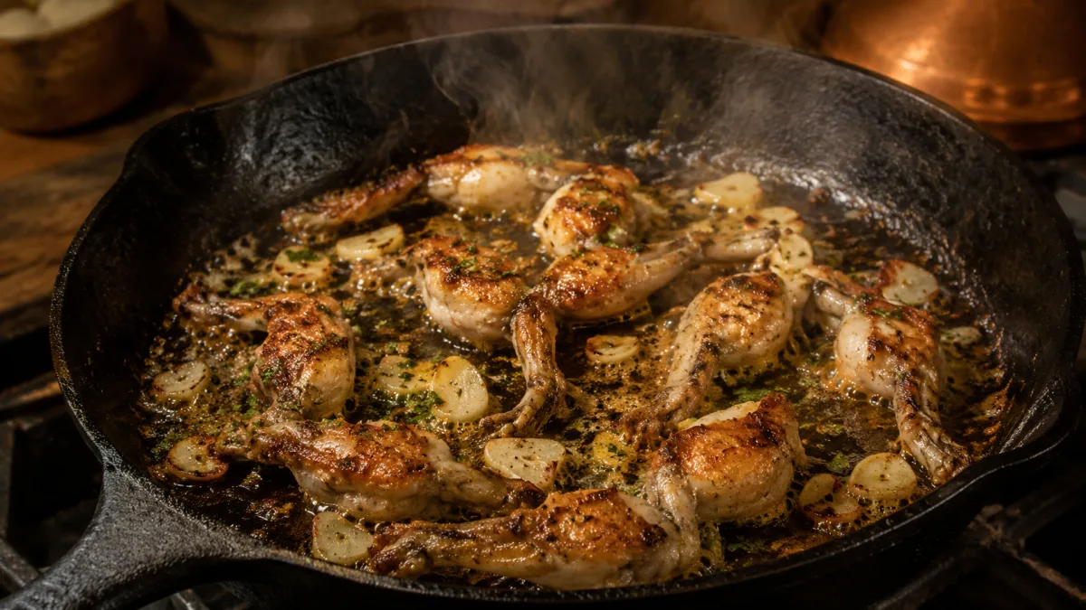 Golden-fried frog legs in a cast-iron skillet with garlic and parsley