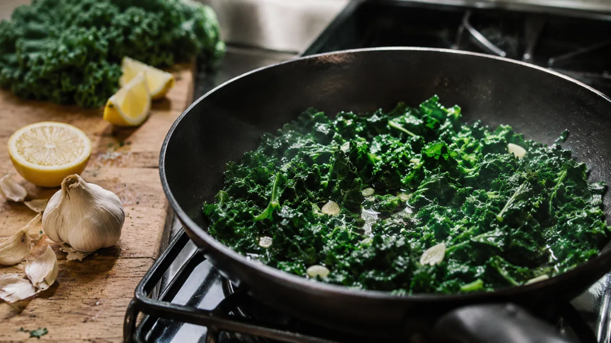 Kale sauteing in skillet