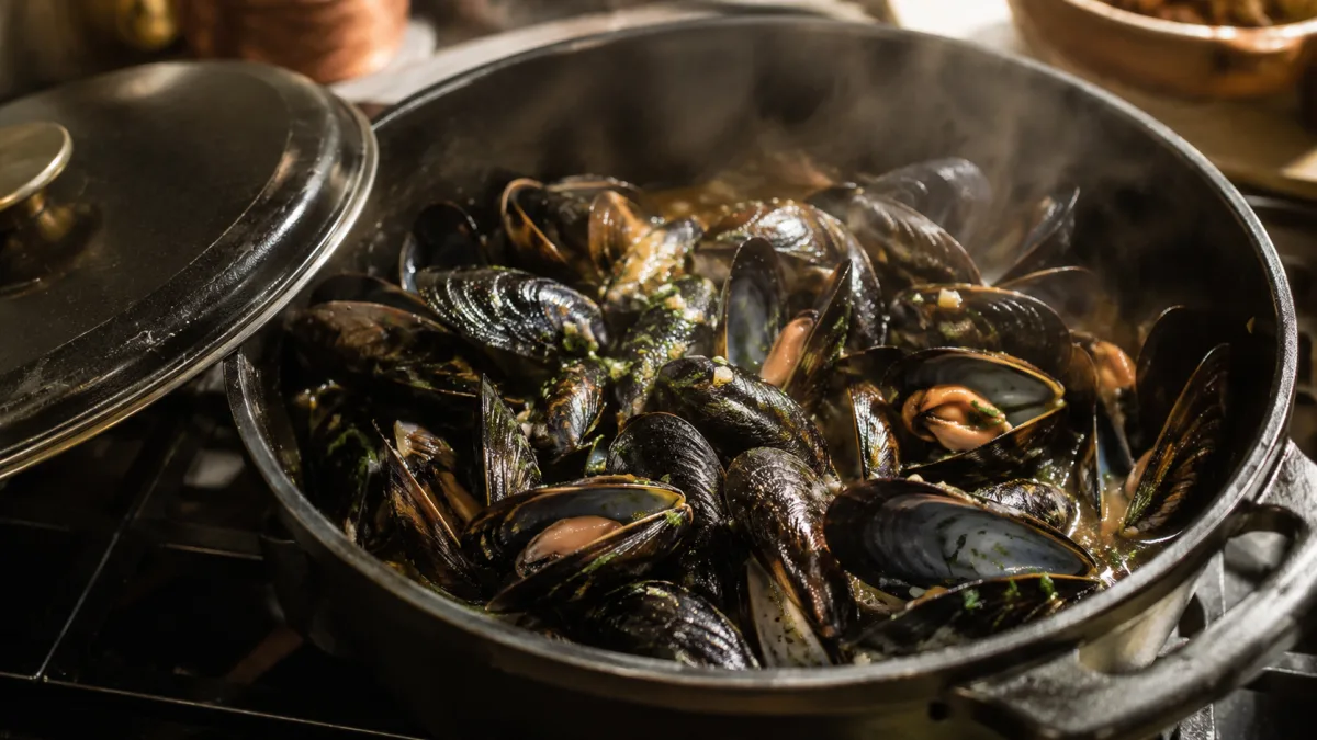 Mussels steaming open in a pot with herbs