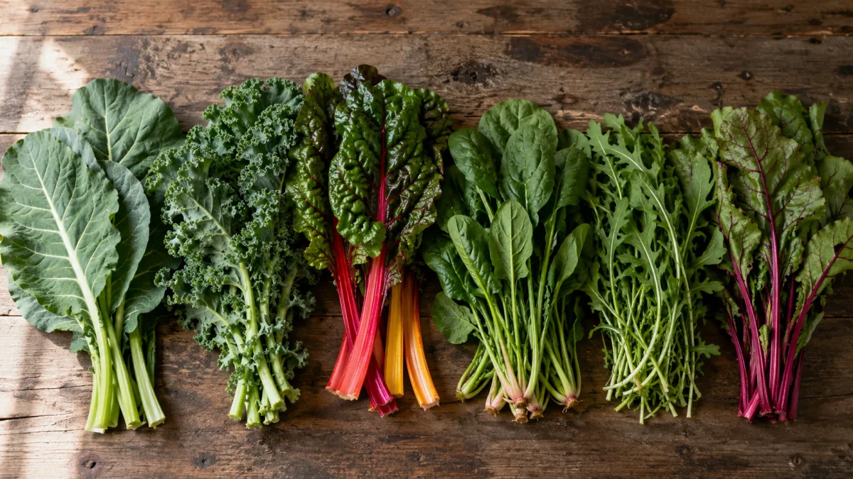 Assortment of fresh cooking greens including collard greens, kale, Swiss chard, spinach, and arugula arranged on a wooden surface
