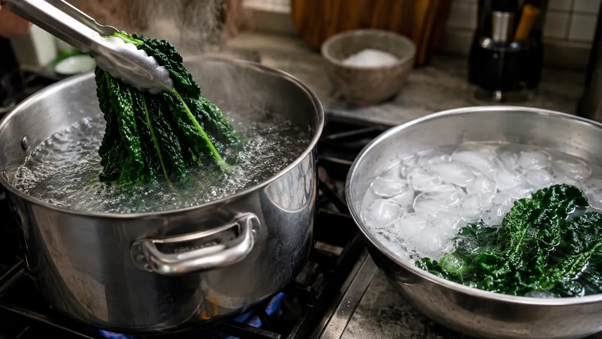 Blanching dark leafy greens in boiling water with an ice bath beside it on a kitchen counter