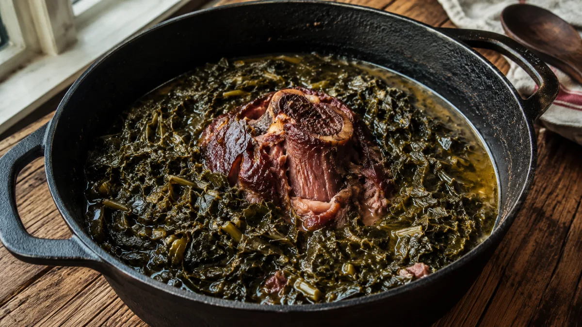Southern braised collard greens with smoked ham hock in a cast iron pot