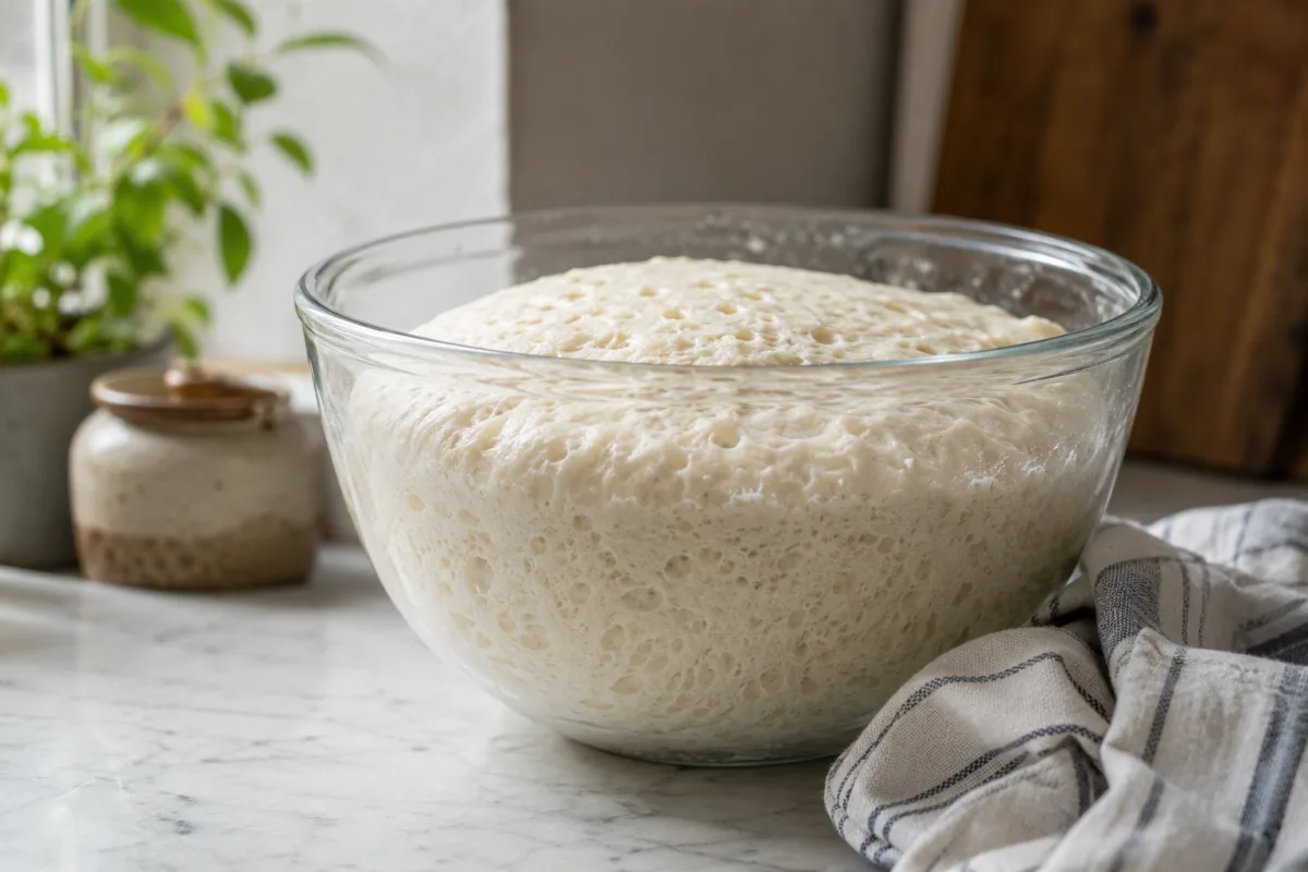 Bread dough rising in a clear bowl