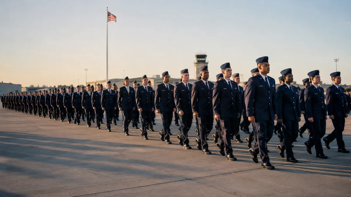 Air Force trainees marching in formation at Joint Base San Antonio-Lackland