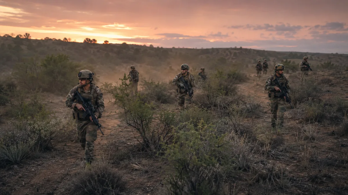 Air Force recruits in field gear during simulated deployment exercise at BMT