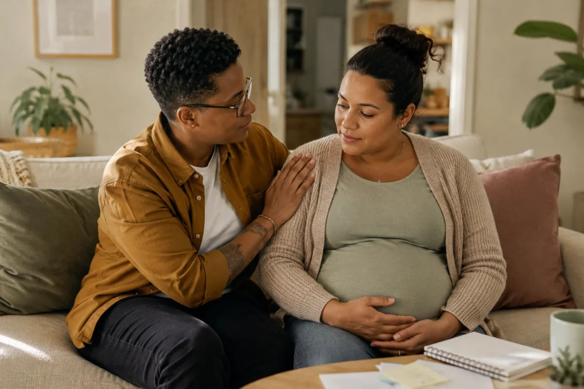 Support person sitting beside pregnant person during worry