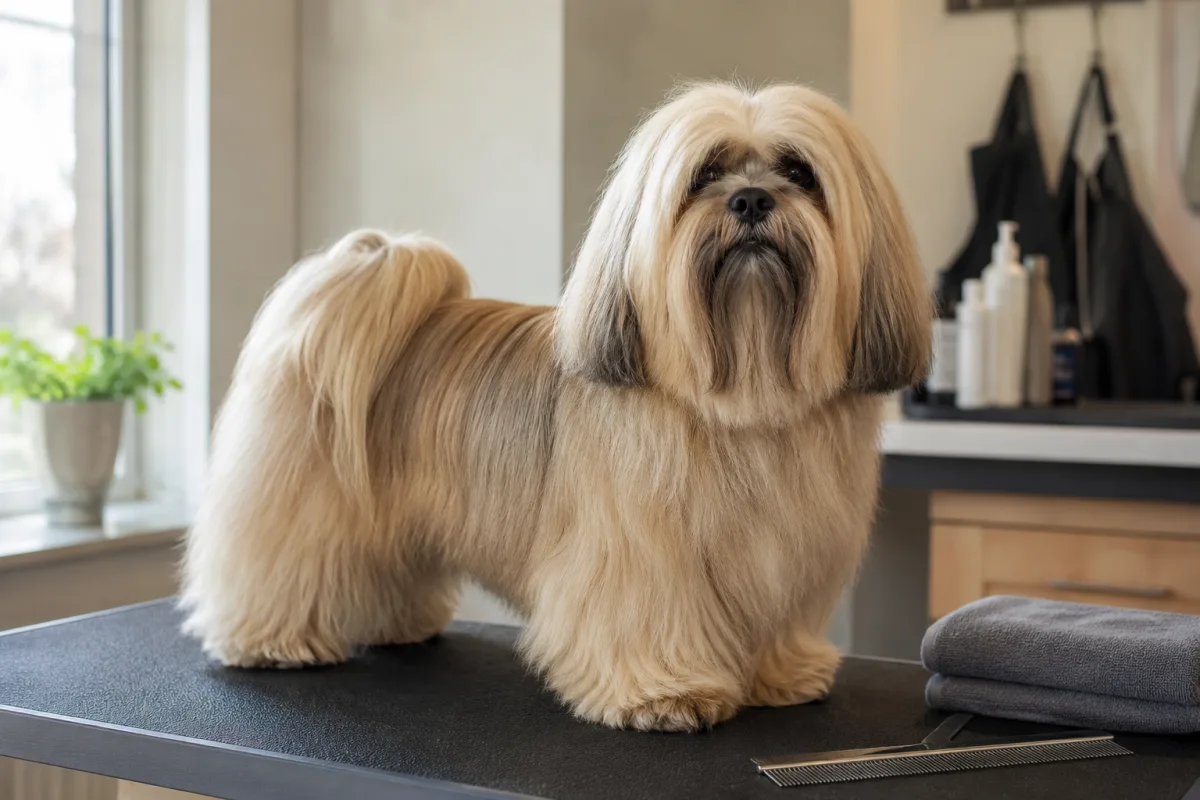 Lhasa Apso standing calmly with a long brushed coat