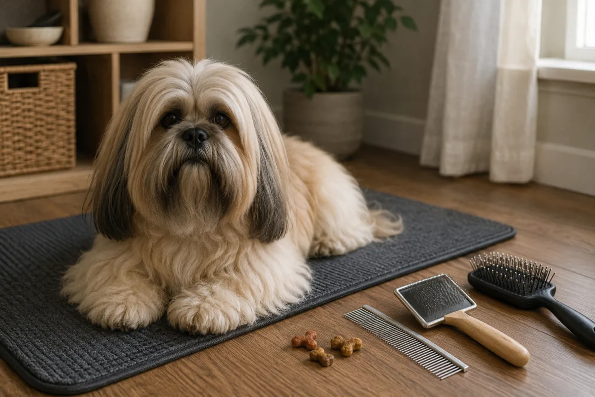Lhasa Apso grooming tools beside a small dog on a mat