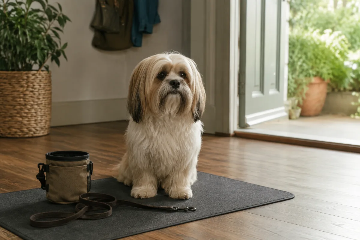 Small Lhasa Apso practicing place training on a mat