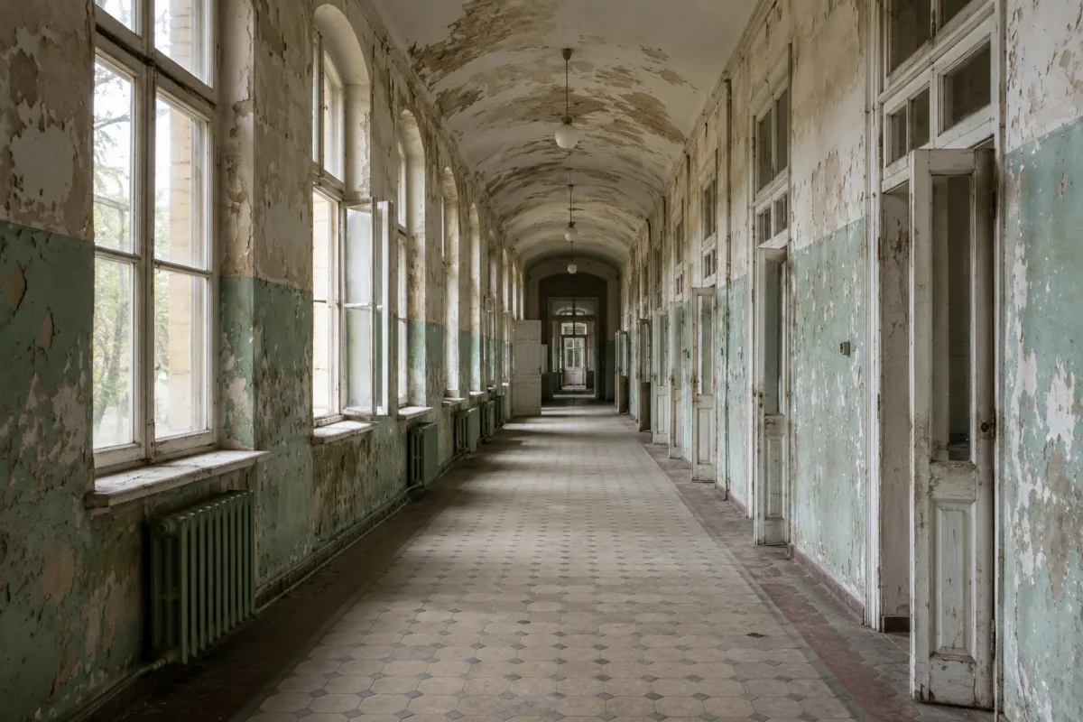 Historic sanatorium corridor with medical architecture mood