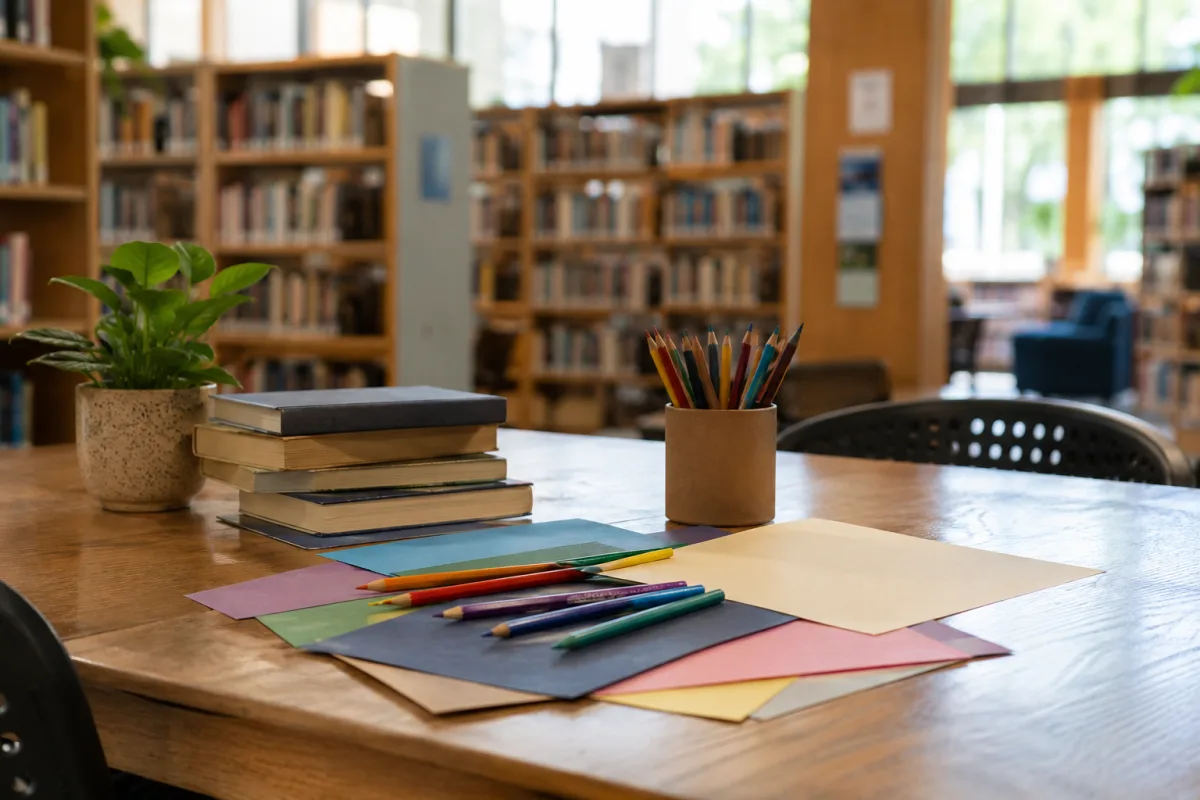 Public library craft table with books and simple supplies