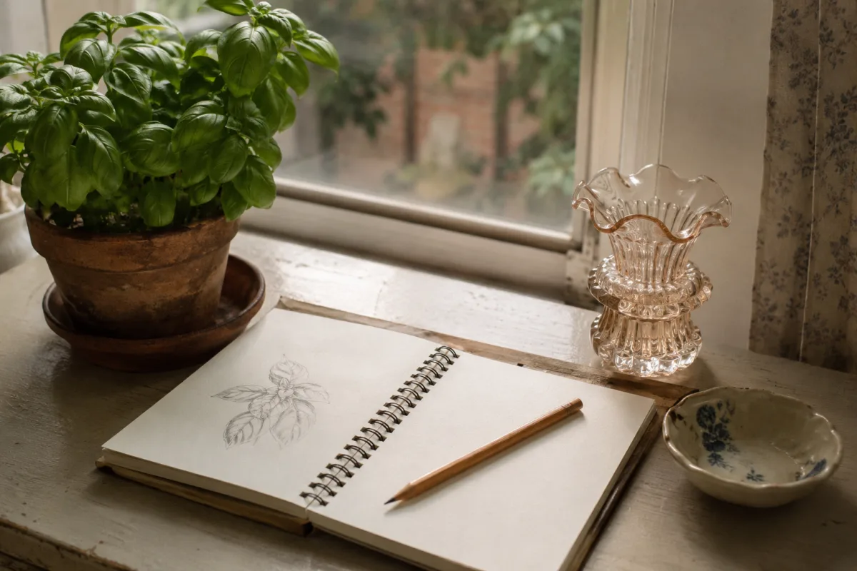 Small herb pot, sketchbook, and thrifted glass on a windowsill