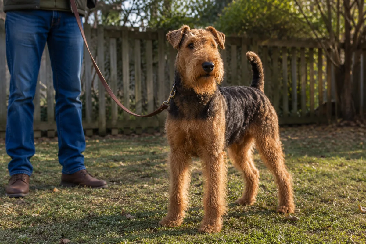 Airedale Terrier standing alert in a yard