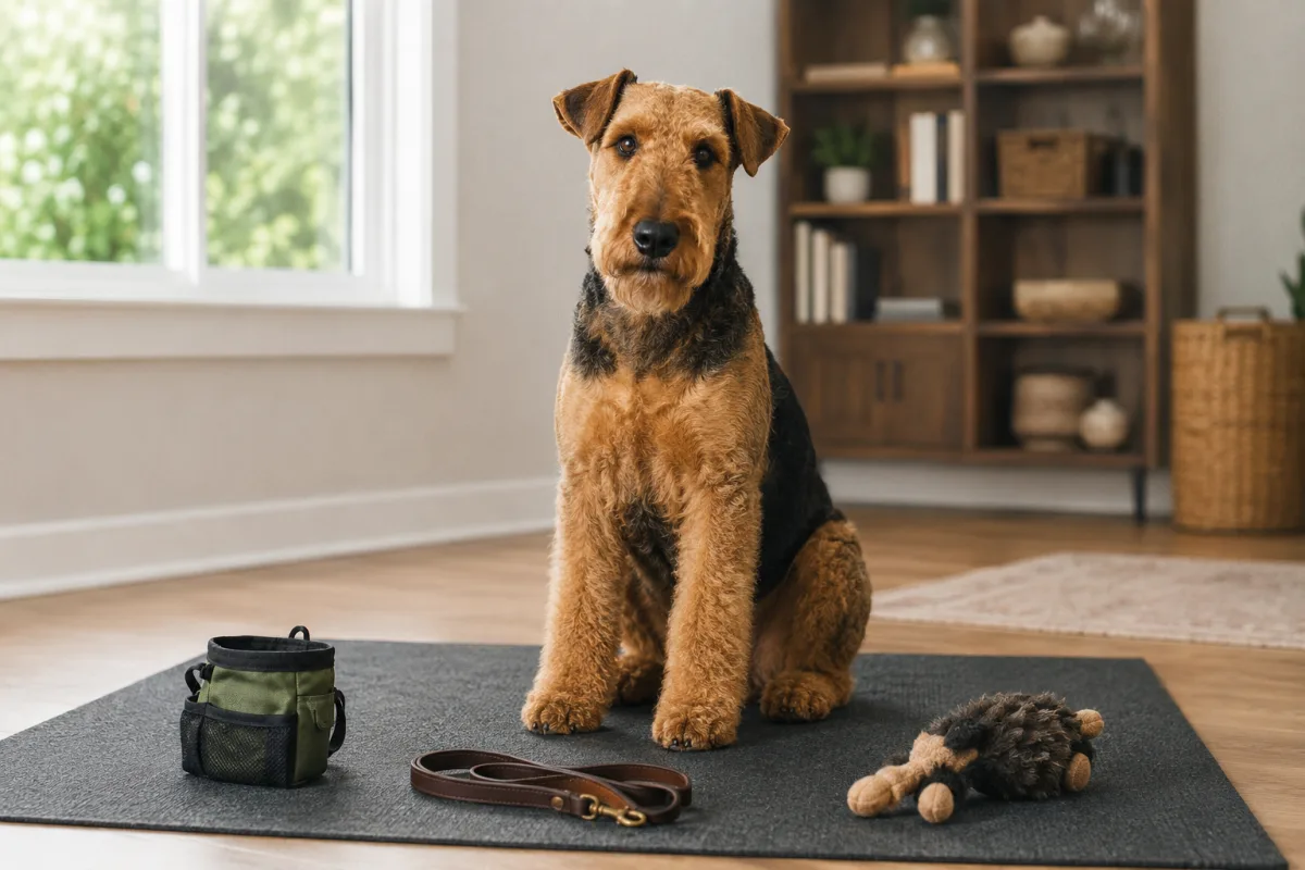 Airedale Terrier reward training on a mat