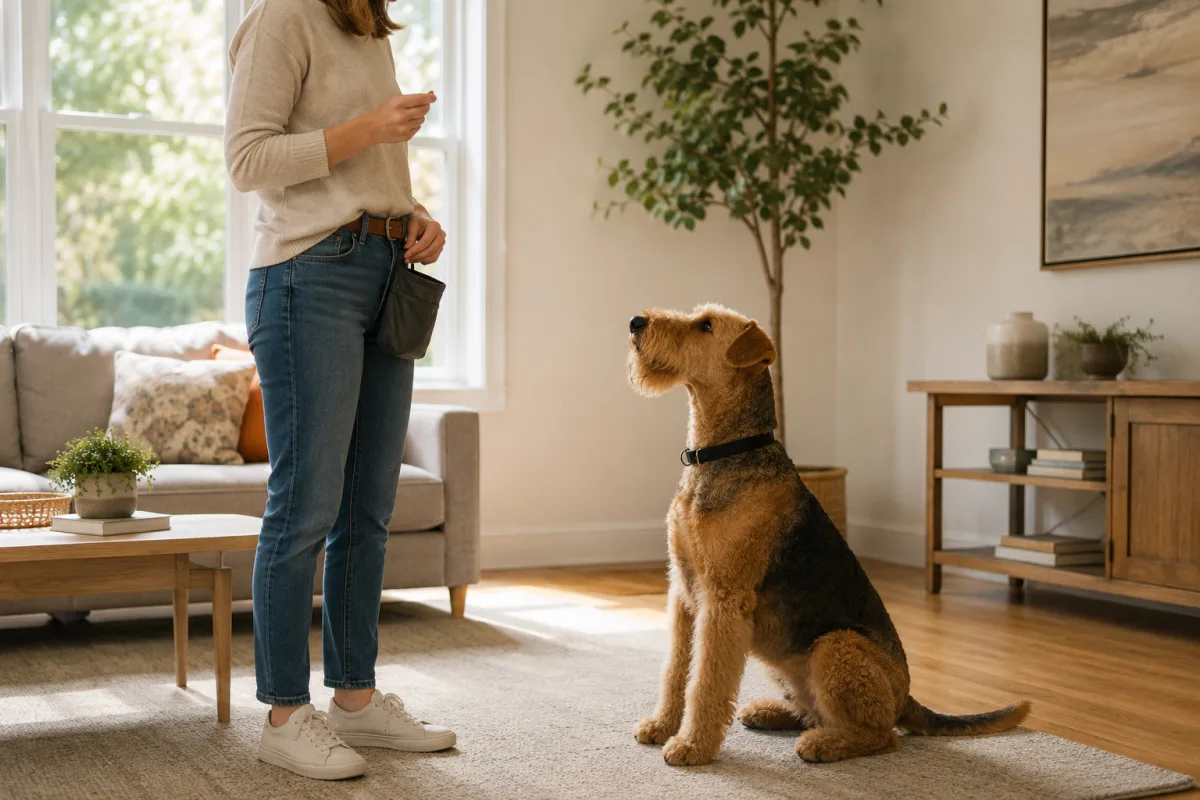 Airedale Terrier learning basic cues at home