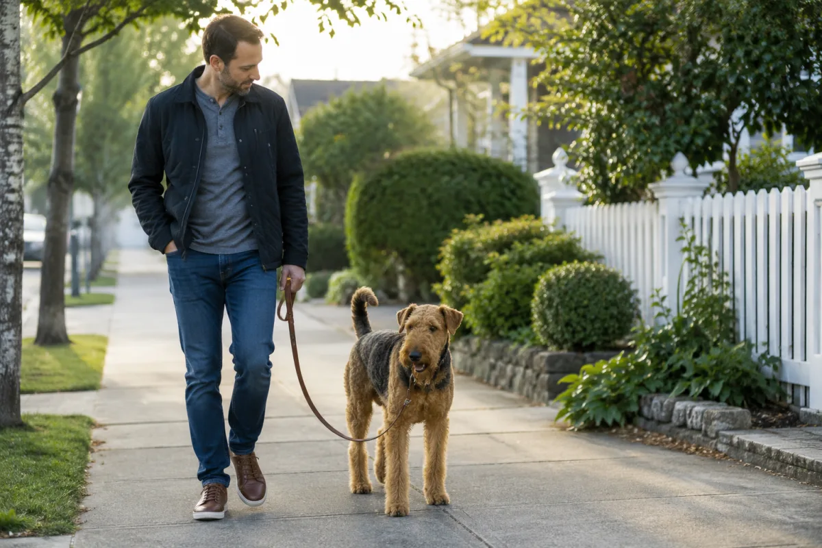 Airedale Terrier practicing loose leash walking