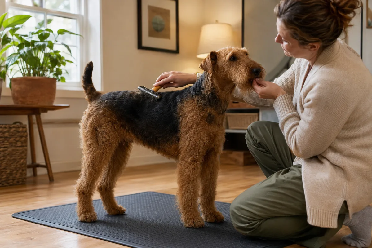 Airedale Terrier standing calmly for brushing practice