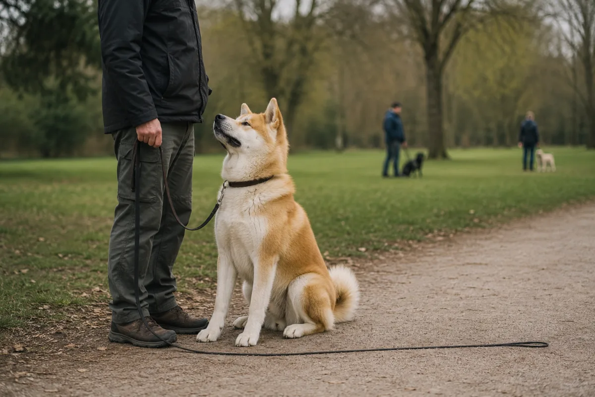 Akita practicing calm socialization at a distance