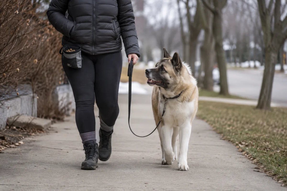 Akita loose leash walking practice