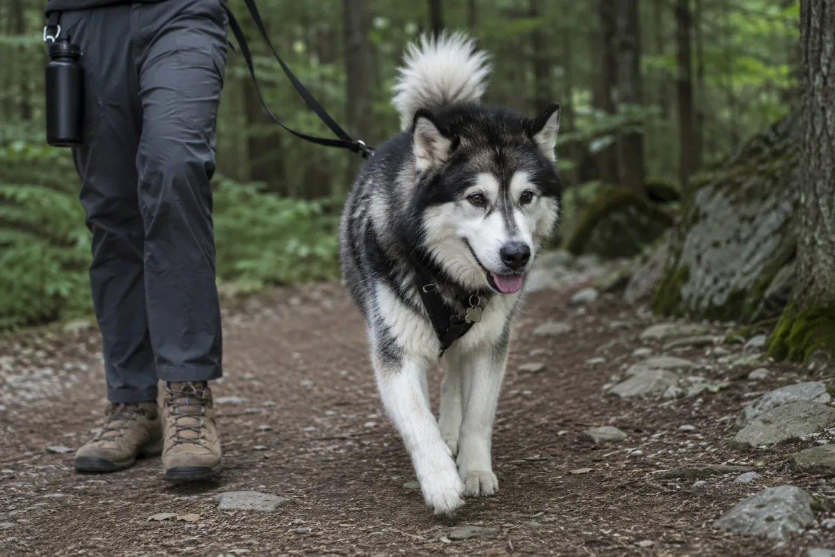 Alaskan Malamute walking on leash in cool weather