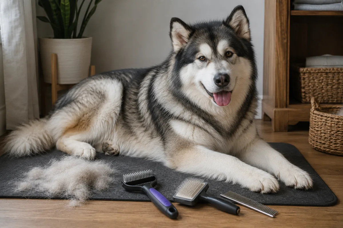 Alaskan Malamute coat grooming tools on a mat