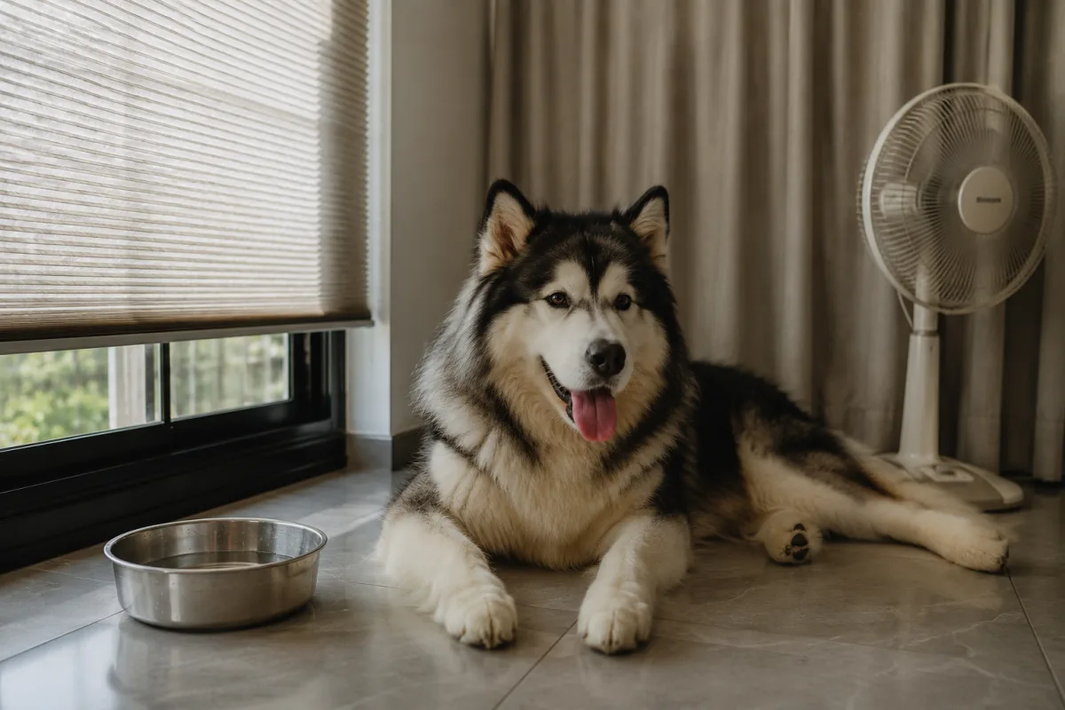 Alaskan Malamute resting indoors near water in warm weather