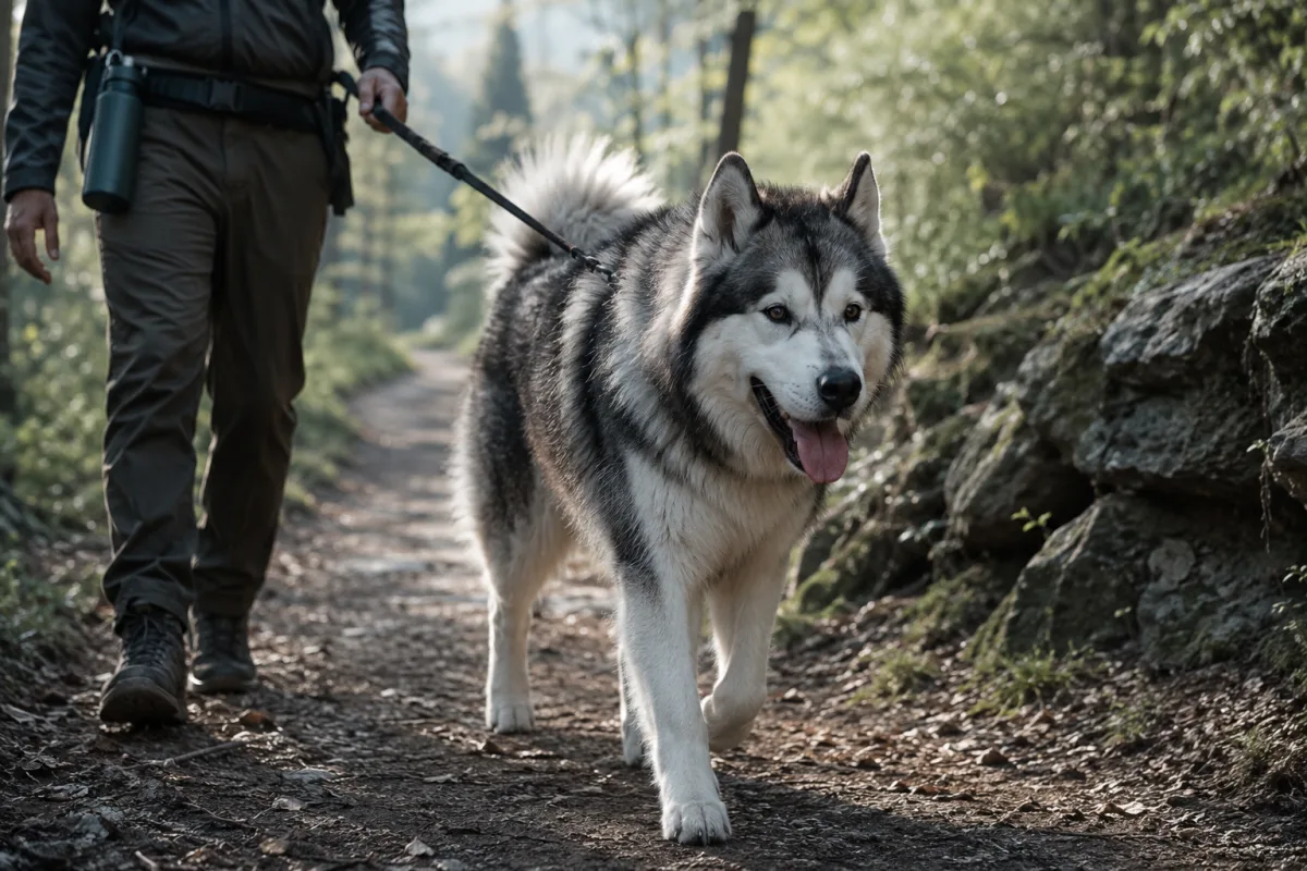 Alaskan Malamute walking calmly on a cool trail