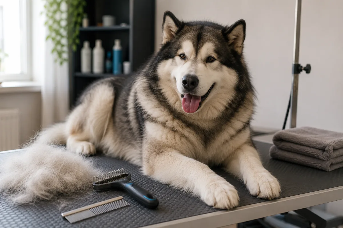 Alaskan Malamute grooming check with undercoat tools