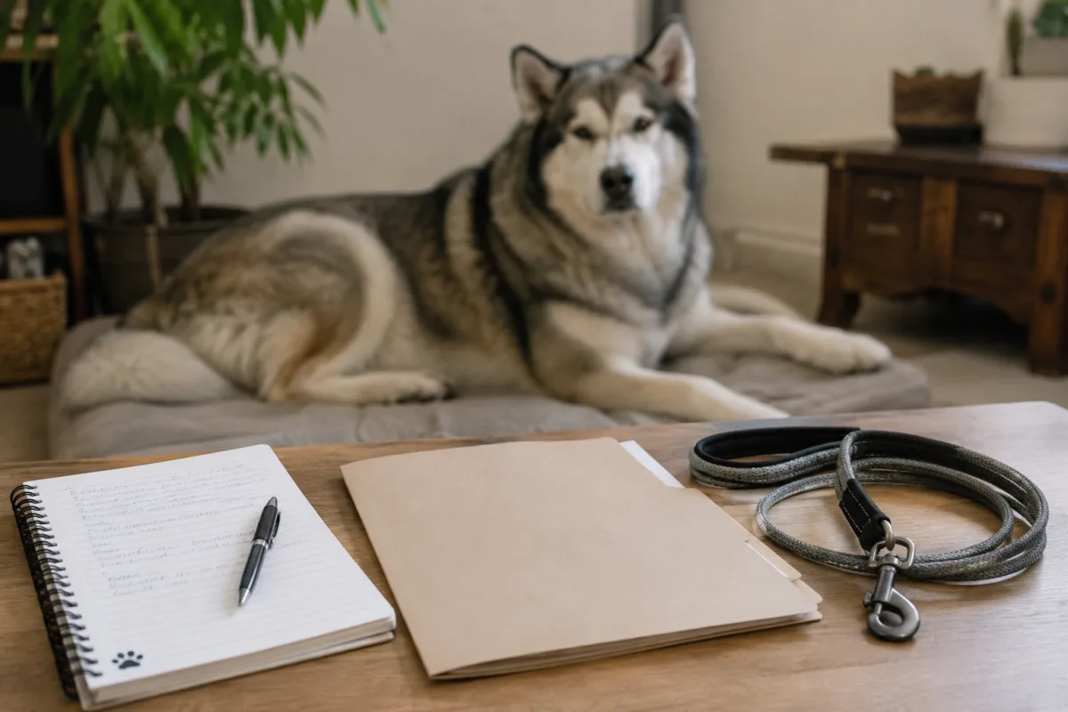 Malamute health records with weight notes and vet folder