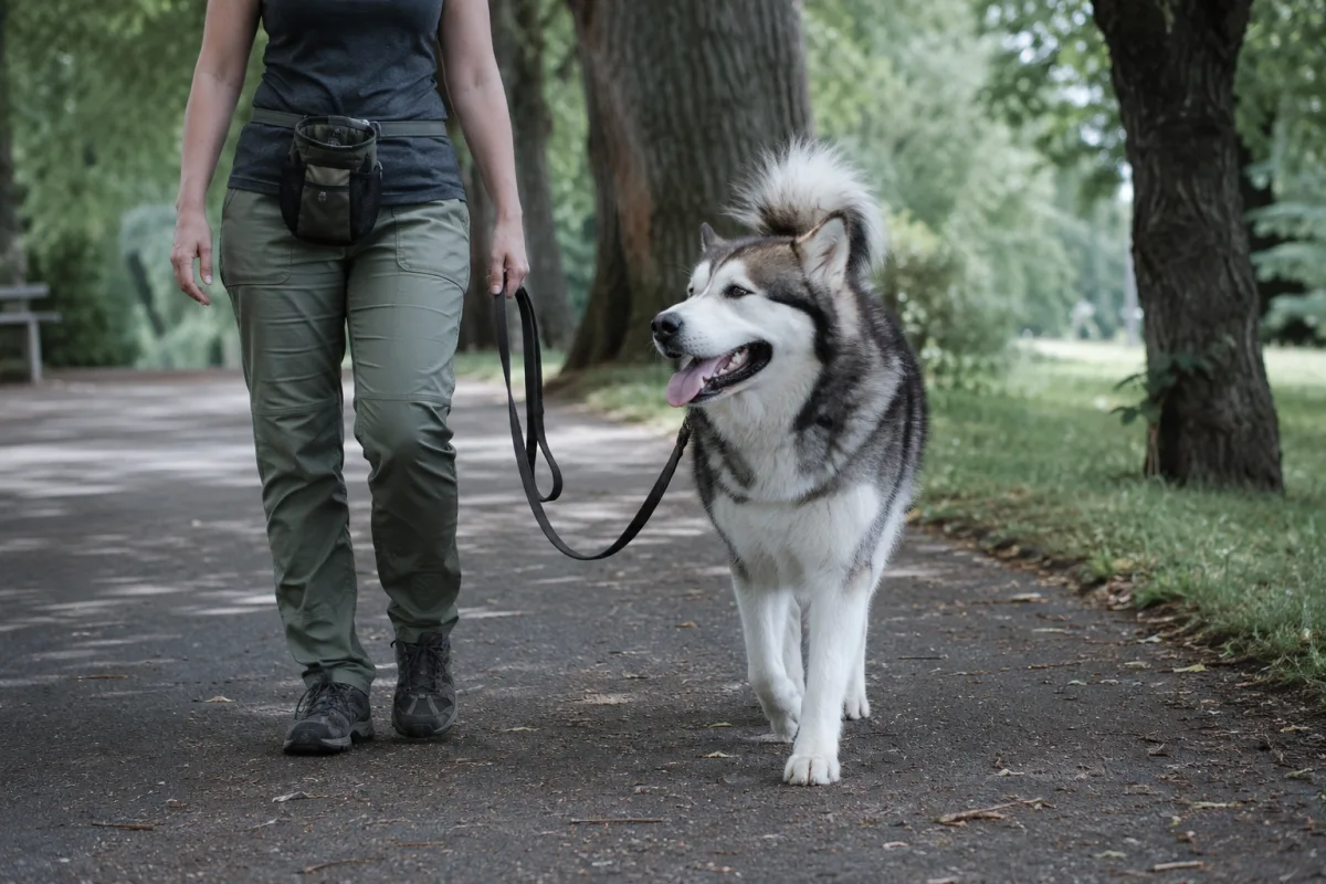 Alaskan Malamute practicing loose leash walking