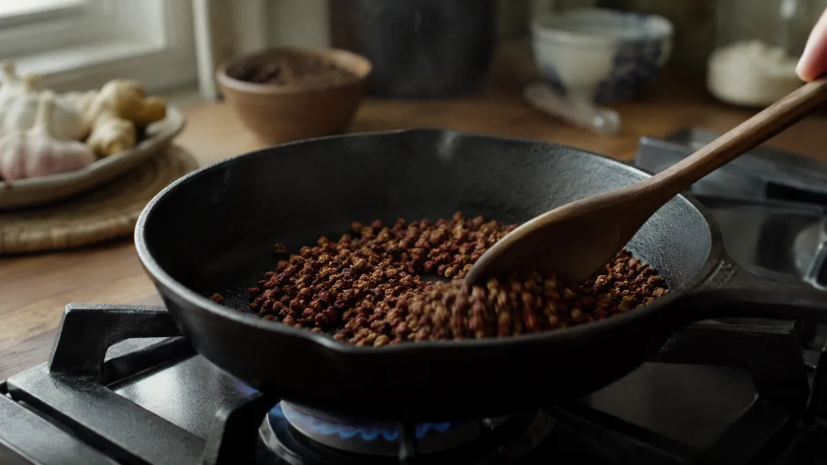 Sichuan peppercorns toasting in a dry cast iron skillet on a gas stove