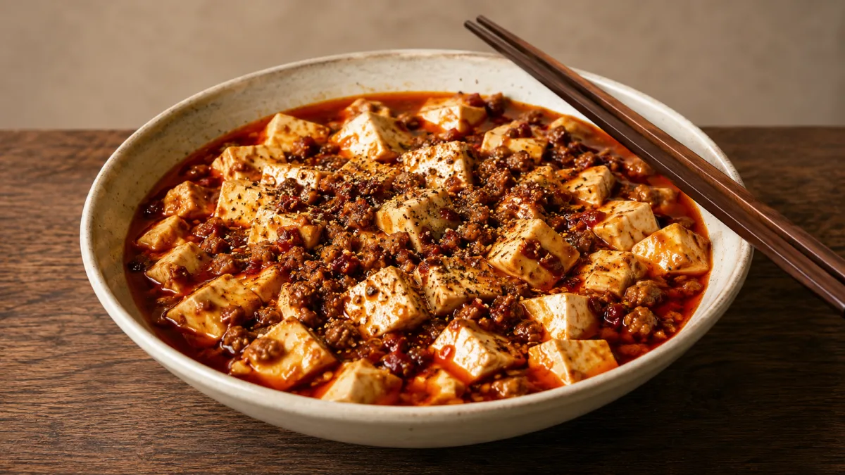 Bowl of Mapo Tofu with Sichuan pepper and chili oil