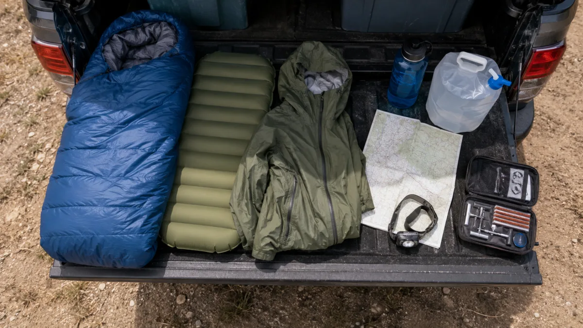 High altitude camping gear laid out before a Colorado trip