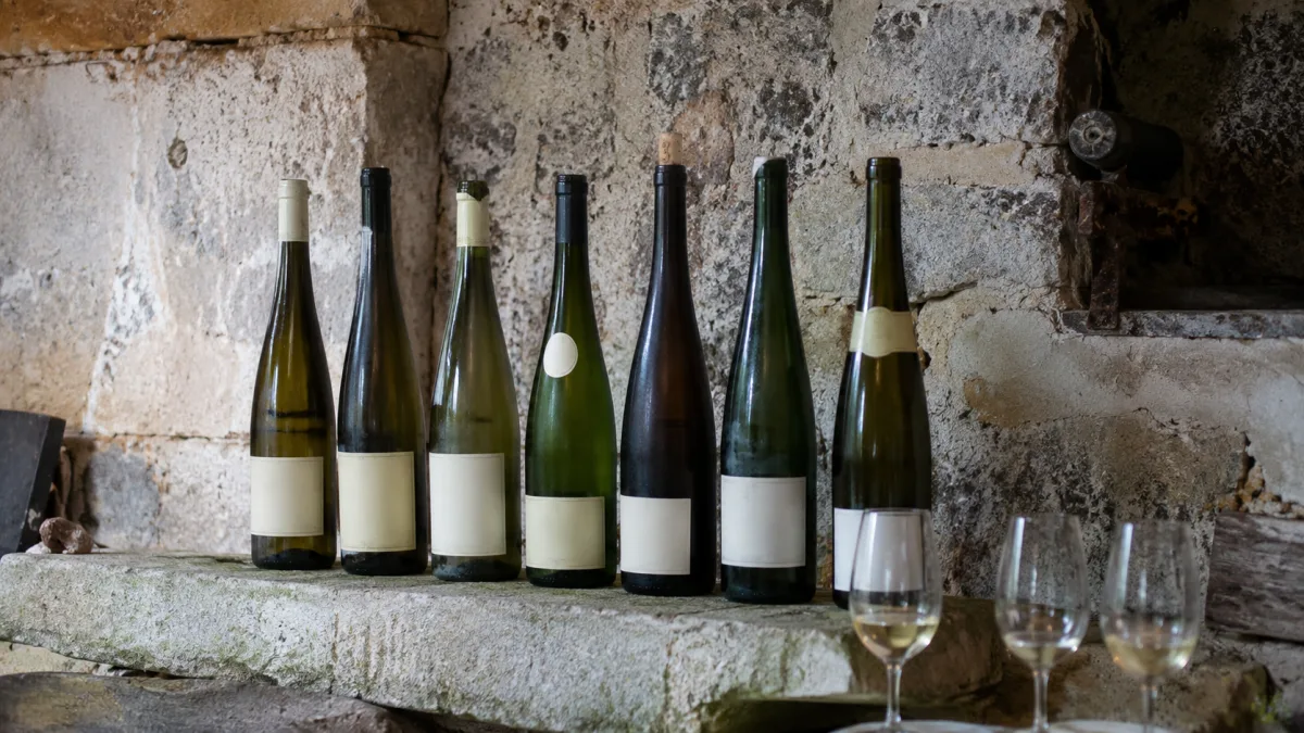 Alsace wine bottles and tasting glasses on a cellar table