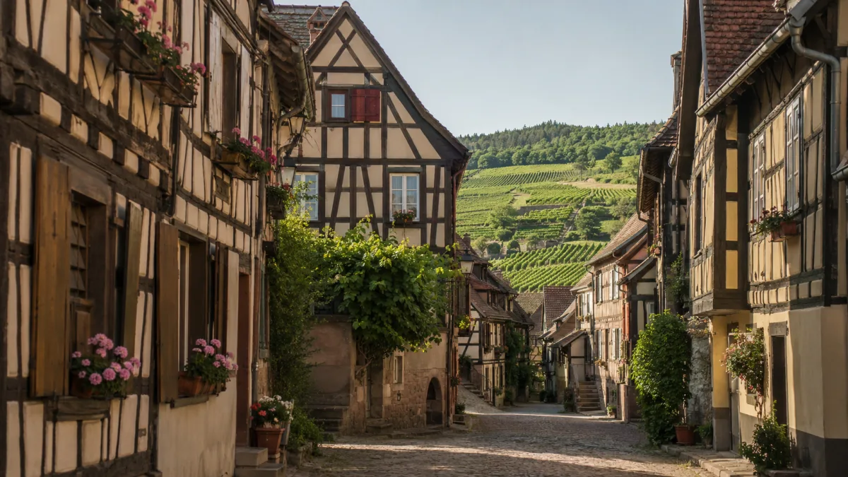 Alsace village street with vineyards in the distance