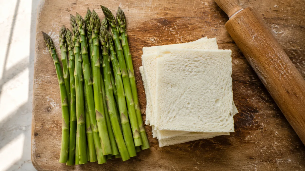 Fresh medium-thickness asparagus spears and sliced white sandwich bread on a wooden cutting board