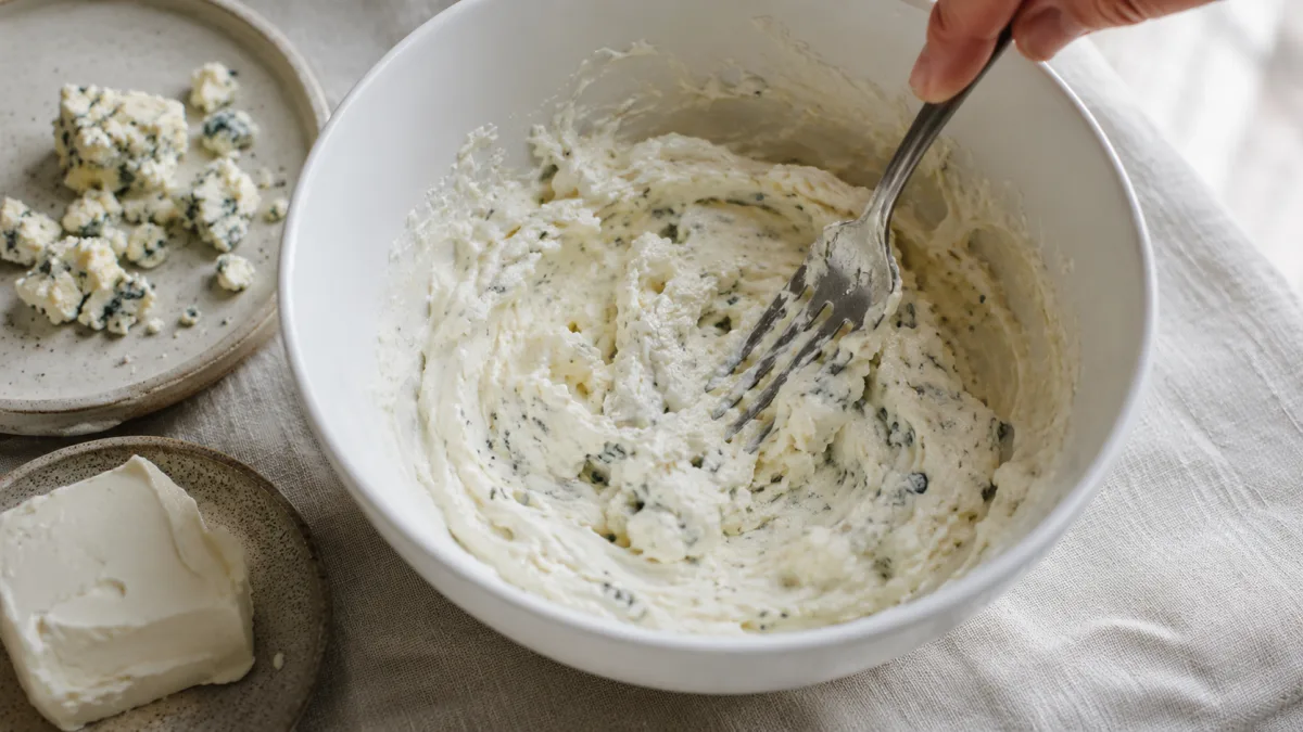 Cream cheese and blue cheese being mixed in a white ceramic bowl with a fork