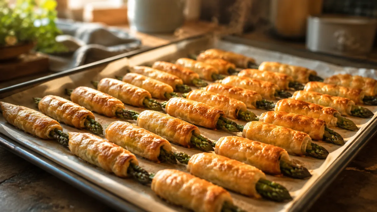 Golden baked asparagus rolls on a parchment-lined baking sheet fresh from the oven