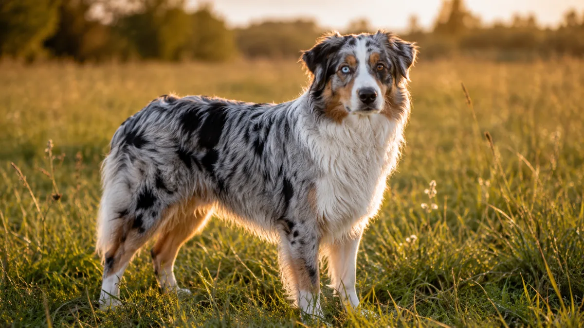 Blue merle Australian Shepherd with heterochromia eyes in a field
